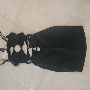 NWT. PLT. Black Strappy Mesh Detail Cut Out Bodycon Dress. Size US 8
